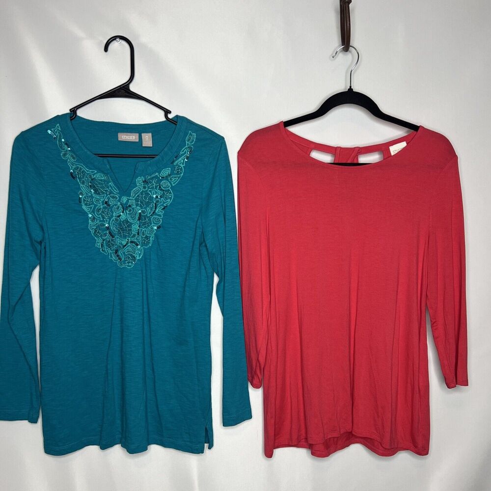 Set Of 2 Chicos Size 0 (XS) Tops Teal With Embroidery And Coral 3/4 Sleeve